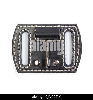 leather key strap with iron carabiner for mounting on a belt isolated on white background. Stock Photo