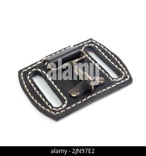 leather key strap with iron carabiner for mounting on a belt isolated on white background. Stock Photo