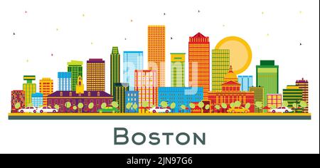 Boston Massachusetts USA City Skyline with Color Buildings and Blue Sky Isolated on White. Vector Illustration. Travel and Tourism Concept. Stock Vector