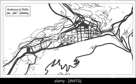 Andorra la Vella City City Map in Black and White Color in Retro Style Isolated on White. Outline Map. Vector Illustration. Stock Vector