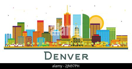 Denver Colorado USA City Skyline with Color Buildings and Blue Sky Isolated on White. Vector Illustration. Business Travel and Tourism Concept. Stock Vector