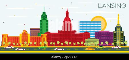 Lansing Michigan City Skyline with Color Buildings and Blue Sky. Vector Illustration. Business Travel and Concept with Historic Architecture. Lansing Stock Vector