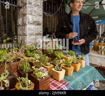 Montenegro - May 7, 2022 - Man sells flowers at a stall in the market. Stock Photo