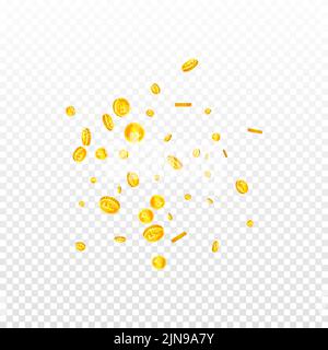 Swiss franc coins falling. Gold scattered CHF coins. Switzerland money. Jackpot wealth or success concept. Square vector illustration. Stock Vector