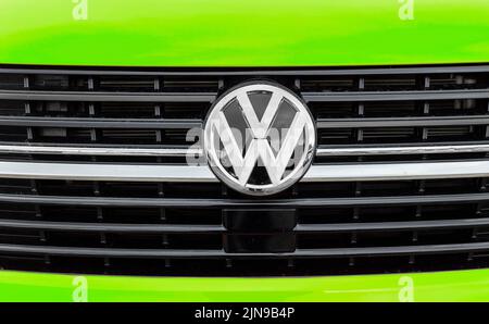 Llandudno north Wales united kingdom 01 August 2022 close up of Volkswagen VW Badge and grill Detail, orange van Stock Photo