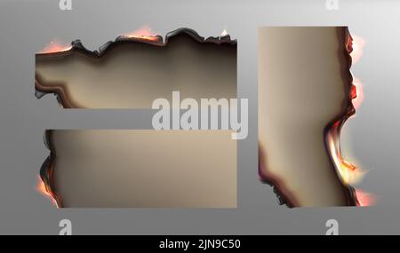 Realistic burnt ripped sheets with scorched borders. Set of smoldering ...