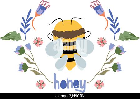 Compositions with flowering wildflowers and cute honey bee. Composition for your greeting cards, label design, postcard. Concept for organic products. Vector Illustration Stock Vector