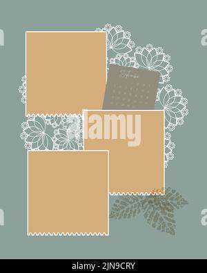 Photobook Collage and September 2022 calendar template frame, scrapbooking, lace, leaf stamp imprint. Vector illustration Stock Vector
