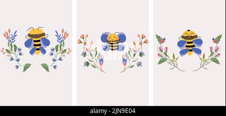 Vector cute compositions with flowering wildflowers and cute honey bee on pastel background. Composition for your greeting cards, label, postcard. Vector Illustration. Stock Vector