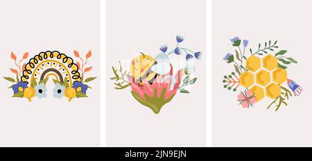 Vector cute composition with flowering lily and honey bee, rainbows and wildflowers, honeycomb. Composition for your greeting cards, label, postcard. Vector Illustration Stock Vector