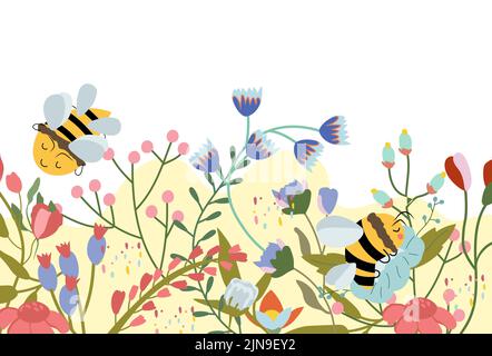 Vector cute composition with wildflowers flowering and honey bees on ...