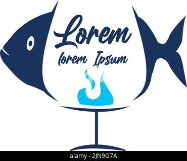 Vector Stylized Fish and Wine Glass with Flame.Logo Design Template Stock Vector