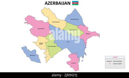 Azerbaijan Map. District map of Azerbaijan detailed map of Azerbaijan in color with capital. Stock Vector