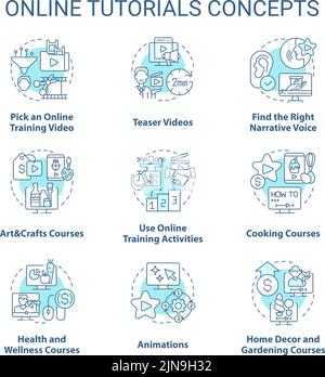 Online tutorials turquoise concept icons set Stock Vector