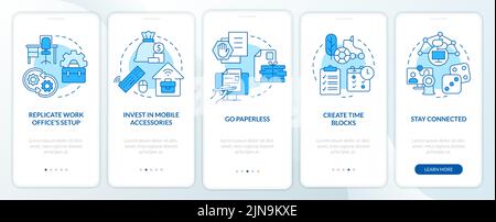 Remote work productivity tips blue onboarding mobile app screen Stock Vector