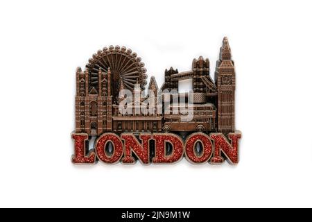 Colorful souvenir fridge magnet from London isolated on white background. Stock Photo