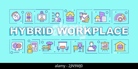 Hybrid workplace word concepts turquoise banner Stock Vector