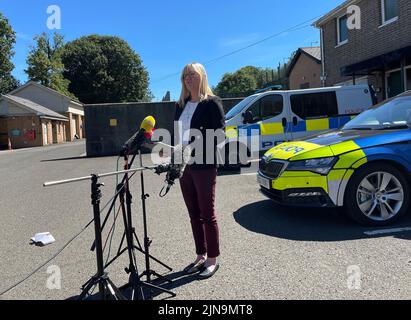 Police Service of Northern Ireland's Detective Chief Inspector Rachel Wilson speaking outside Cookstown PSNI station about Damien Heagney. A reward of £20,000 is being offered for information about the disappearance and murder of the 47-year-old last seen on New Year's Eve. On July 19 police received a report that Damien Heagney from Cookstown, Co Tyrone, was missing. Picture date: Wednesday August 10, 2022. Stock Photo