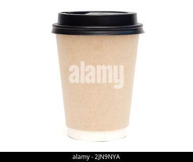 Beige reusable coffee cup isolated on white background. Stock Photo
