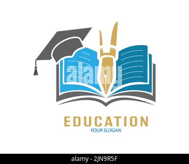 Education. Logo template with an open book, a pen and a graduate hat. Flat style. Stock Vector
