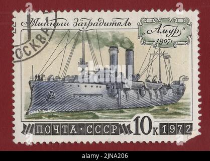 USSR - CIRCA 1972: Postage stamp 'Minelayer Amur' printed in USSR. Series: 'History of the Russian Navy. Naval vessels', 1972amp USSR Stock Photo