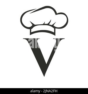 Letter V Restaurant Logo Concept with Chef Hat Vector Template. Restaurant Chef Hat Logo Symbol Stock Vector