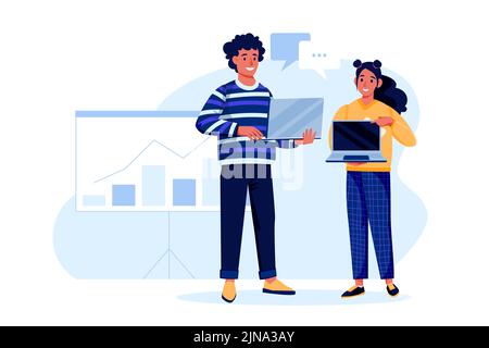Young couple holding laptops and showing result of data analysis or advertisement presentation. Vector flat cartoon man and woman characters illustrat Stock Vector