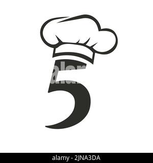 Letter 5 Restaurant Logo Concept with Chef Hat Vector Template. Restaurant Chef Hat Logo Symbol Stock Vector