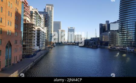 A scenic view of buildings in Canary Wharf, South Quay, Pan Peninsula, London, United Kingdom Stock Photo