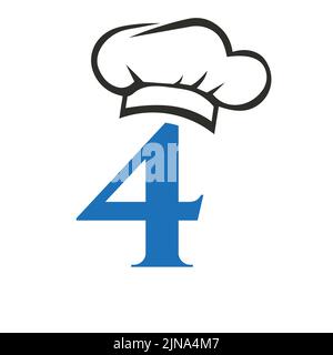 Letter 4 Restaurant Logo Concept with Chef Hat Vector Template. Restaurant Chef Hat Logo Symbol Stock Vector