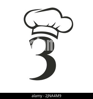Letter 3 Restaurant Logo Concept with Chef Hat Vector Template. Restaurant Chef Hat Logo Symbol Stock Vector