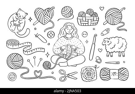 Crochet doodle illustration of girl knitting clothes, cat playing with wool yarn ball, sheep, hook, skein. Hand drawn cute line art about handmade Stock Vector