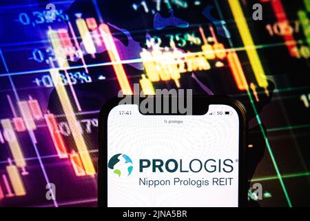 KONSKIE, POLAND - August 09, 2022: Smartphone displaying logo of Prologis company on stock exchange diagram background Stock Photo