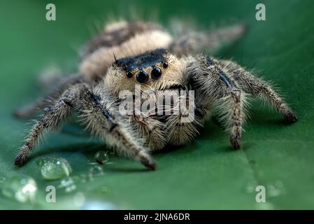 Close-Up of a tiger jumping spider on a rock, Indonesia Stock Photo