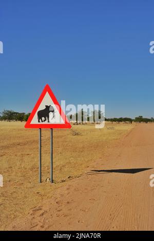 Roadside Elephant road crossing sign, Namib Desert, Namibia Stock Photo