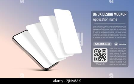 UI or UX smartphone mobile app template on gradient blue and pink background with application blank windows on the phone screen - description and down Stock Vector