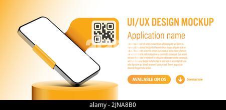 Smartphone mobile app template with blank screen on podium - description and download link with QR code on ribbon included Stock Vector