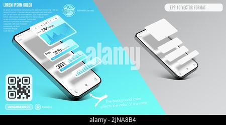 Smartphone application template with protruding information windows - realistic vector graphics for the presentation of a mobile application with a de Stock Vector