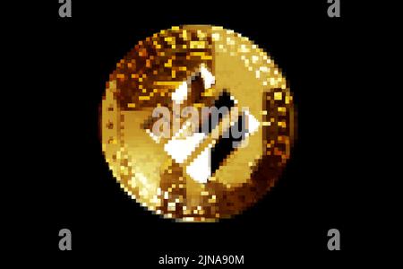 Binance BUSD stablecoin cryptocurrency gold coin in retro pixel mosaic 80s style. Rotating golden metal abstract concept 3D illustration. Stock Photo