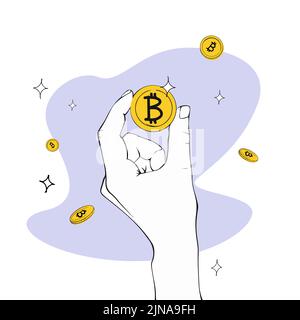 ok gesture in the center of which bitcoin coin against the background of freeforms asterisks and coins in the sketch style Stock Vector