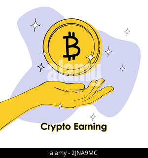 the palm into which the bitcoin coin falls against the background of freeforms and asterisks and the inscription crypto earnings Stock Vector