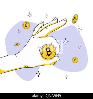 ok gesture in the center of which is a bitcoin coin illustration on the theme of cryptocurrency Stock Vector