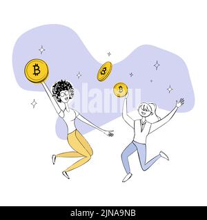 two girls joyfully bounce holding a bitcoin coin in their hands Stock Vector