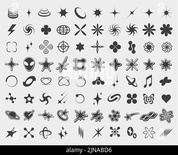 Y2K symbols. Retro star icons, trendy acid rave and graphic elements for posters and streetwear fashion design vector set Stock Vector