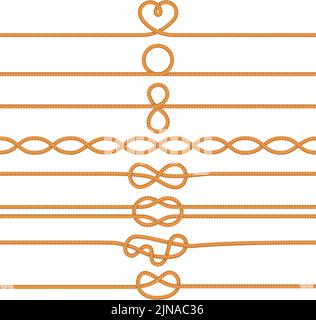 Sailing knots dividers. Marine rope border, sailors cord line and twisted ropes vector decorations set Stock Vector