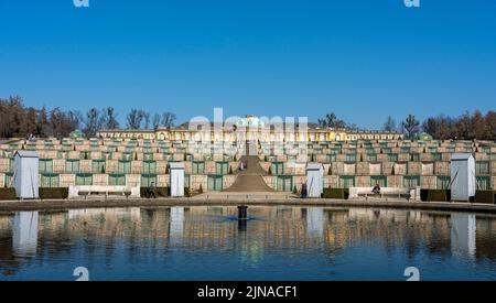 Sanssouci Palace In March With Wood Paneling On The Figures Around The Fountain In Front Of The Grand Staircase, Potsdam, Brandenburg, Germany
