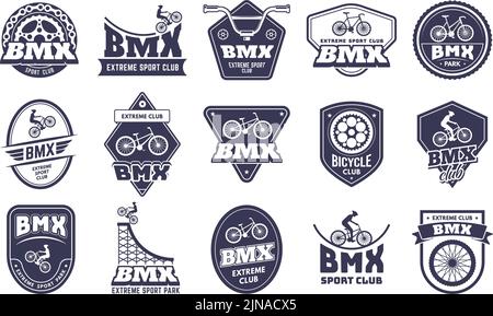 Bicycle motocross badges. Bmx extreme label, sport bike emblem and bicycle rider club vector set Stock Vector