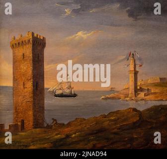 View of the signal tower and the Peraires tower, Joan Mestre Bosch, 1848, oil on canvas, Museu de Mallorca, Palma, Majorca, Spain Stock Photo