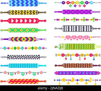 Handmade hippie bracelets. Friendship bands, colorful wristband and braided bracelet vector set Stock Vector