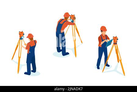 Isometric vector of a professional engineer surveyor takes measures with level theodolite on tripod Stock Vector